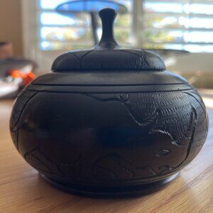 African Art Hand Turned Carved Ebony Wood Rhinoceros Jewel Box & Lid